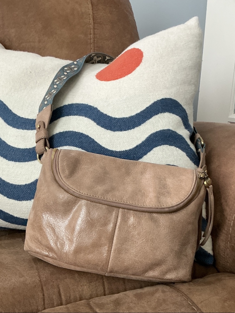 HOBO Tan Suede Crossbody/Belt Bag with Patterned Adjustable Strap